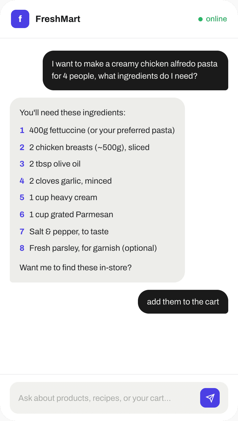 Shopper asks for a creamy chicken alfredo recipe for four people; Storely lists the ingredients needed.