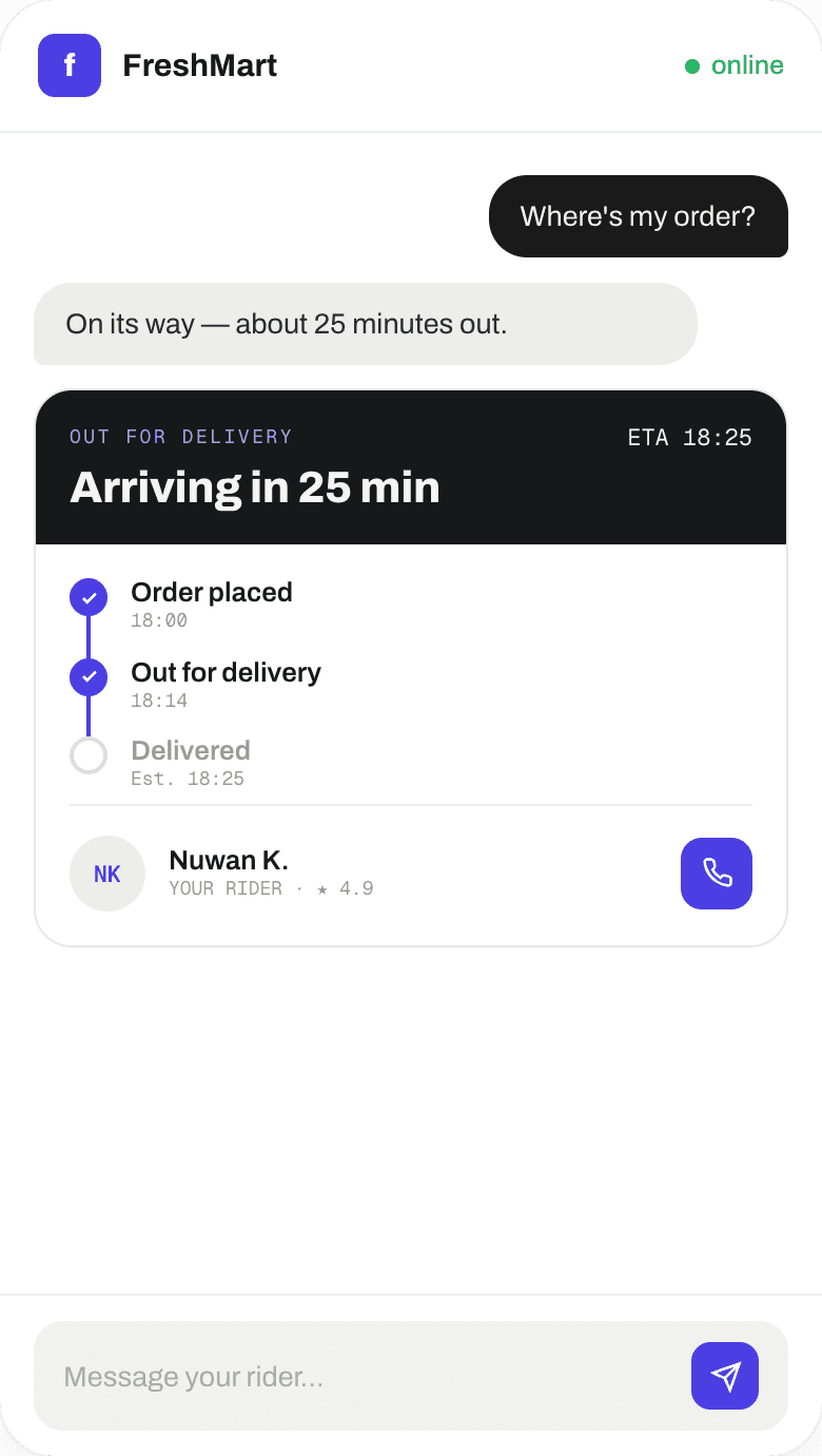 Shopper asks where their order is; Storely shows live delivery tracking with rider details and ETA.