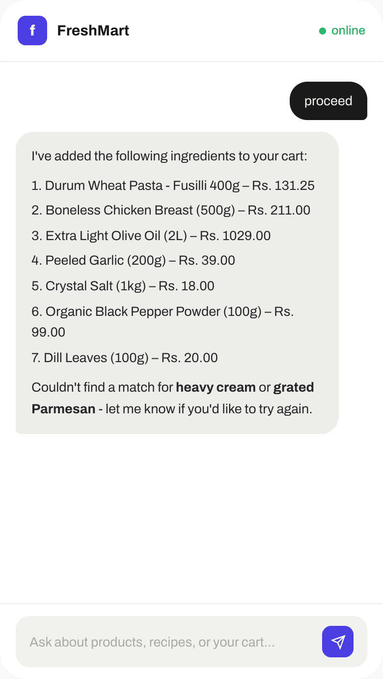 Storely confirms which matched ingredients were added to the cart and flags the two it couldn't match.