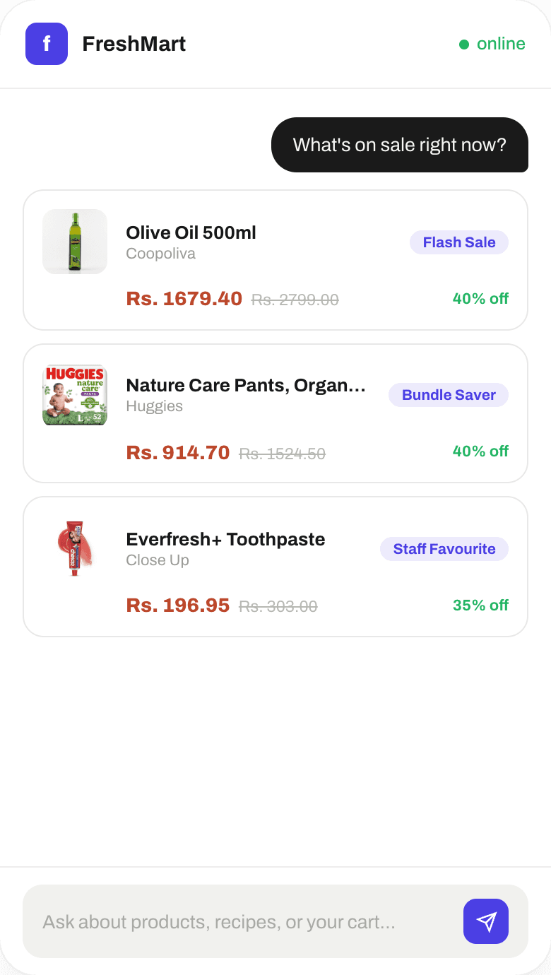 Shopper asks what's on sale; Storely surfaces three live promotions with discount badges.